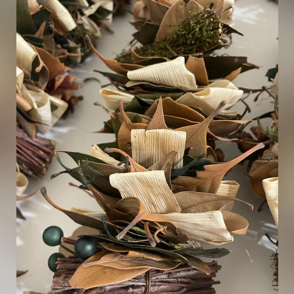Fall Dried Leaves Pinecones Corn Husks Green Berries Garland 70” Cottage Farm
